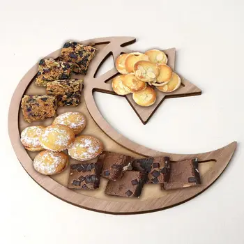 Kaimiškas Medinis Crescent Moon Star Eid Ramadanas Šalies Maisto Serviravimo Indai, Desertiniai Pyragaičiai Dėklas Ekranas Turėtojas Puošimas Ornamentais