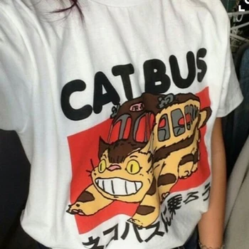 Kaimynas Totoro Važiuoti Katė Autobusų Marškinėlius Moterims Japonijos Studio Ghibli Anime Unisex Tumblr Mielas Kawaii Balta Grafinis Tee