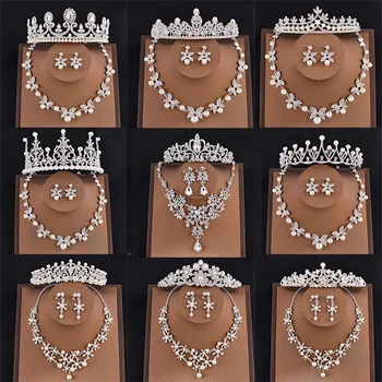 Kalnų Krištolas Vestuvių Nuotakos Plaukų Papuošalų Rinkiniai Nuotaka Tiara Karoliai Rinkinius Bridesmaid Pearl Kaspinai Crystal Crown Rožančiai Lankelis 1