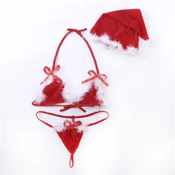 Kalėdų Apatiniai, Seksualus apatinis Trikotažas Moterims Tuščiaviduriai iš Seksuali Pagunda apatinis Trikotažas Kalėdų Šalies Erotinių Bra+G-String Diržas+Hat Rinkinys