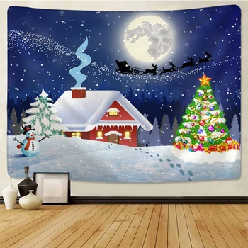 Kalėdų Gobelenas Sienos Kabo Santa Claus Žvaigždėtas Dangus Ir Mėnulis Kalėdų Išvakarėse Sniego Arenoje Papuošalai, Namų Dekoravimo, Dovanų