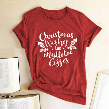 Kalėdų Wisher ir Amalas Bučiniai Spausdinti Atsitiktinis Moteris Tshirts Trumpas Rankovės Supjaustyti Viršūnes Moterų Drabužiai Estetinės Tee Marškinėliai Femme