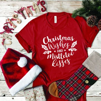 Kalėdų Wisher ir Amalas Bučiniai Spausdinti Atsitiktinis Moteris Tshirts Trumpas Rankovės Supjaustyti Viršūnes Moterų Drabužiai Estetinės Tee Marškinėliai Femme
