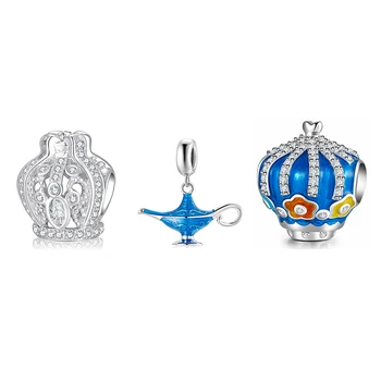 Karšto 925 Sterlingas Sidabro Aladdin 's Žibinto Pakabukas Žavesio Karoliukai Tinka Originalios Europos Apyrankę Mėlyna Emalį Karoliukai 