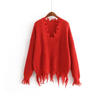 Karšto pardavimo Fai 35-1186 Europos ir Amerikos mados V apykaklės, rankovės, rankovės kutas megztinis