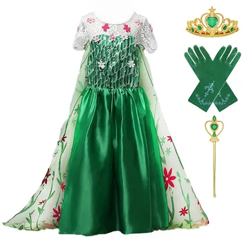 Karščiavimas Elsa Birthday Party Dress Vaidmuo Žaisti Kostiumas Mergaitėms Žalia Elsa Gėlių Frocks Kulkšnies Ilgis Vaikas Išgalvotas Princesė Ilga Suknelė