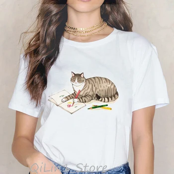 Katėms patinka skaityti knygą juokinga t marškinėliai moterims kawaii marškinėlius vasaros 2020 balta moterų marškinėliai mielas gyvūnų spausdinti kačių mylėtojas viršūnes tee