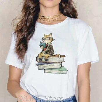 Katėms patinka skaityti knygą juokinga t marškinėliai moterims kawaii marškinėlius vasaros 2020 balta moterų marškinėliai mielas gyvūnų spausdinti kačių mylėtojas viršūnes tee