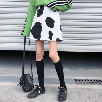 Kawaii Džinsinis Trumpas Sijonas Moterims korėjos Karvė Spausdinti Linijos Mini Sijonai Vasaros Aukšto Juosmens Streetwear Atsitiktinis Džinsus, Baltos spalvos Įvyniojimas sijonas