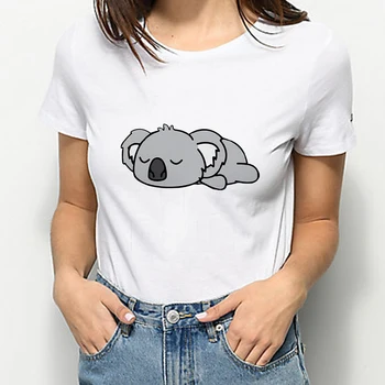 Kawaii Koala Miega Grafinis Moterys T-shirt Gyventi su Gyvūnais Marškinėliai trumpomis Rankovėmis Negabaritinių Streetwear Vasaros Balti marškinėliai
