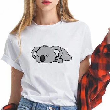 Kawaii Koala Miega Grafinis Moterys T-shirt Gyventi su Gyvūnais Marškinėliai trumpomis Rankovėmis Negabaritinių Streetwear Vasaros Balti marškinėliai