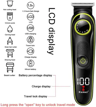 Kemei 5 in 1 LCD Plaukų Žoliapjovės Buitinių Elektrinių Plaukų Kirpimo mašinėlių Daugiafunkcinis USB Įkrovimo Nosies Plaukų kirpimas Mašina