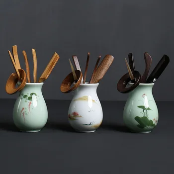 Keramikos spalvos jūros vandens Handpainted Arbatos Ceremonija, Keramikos Kungfu Teaware Bambuko Arbatos Apkabos, Šaukštelis priedai Šešių dalių kostiumą