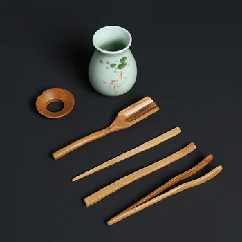 Keramikos spalvos jūros vandens Handpainted Arbatos Ceremonija, Keramikos Kungfu Teaware Bambuko Arbatos Apkabos, Šaukštelis priedai Šešių dalių kostiumą