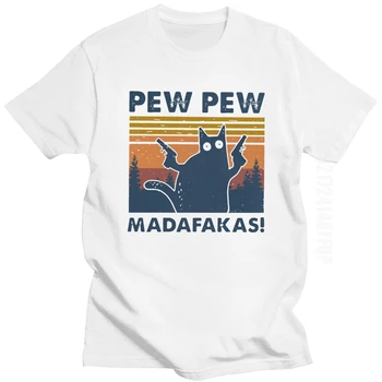 Kietas Vyrams, Funny Cat Pew Pew Madafakas Marškinėliai visiškai Nauji Medvilniniai marškinėliai Derliaus Crazy Cat Tees Viršuje Humoro Marškinėlius Idėja Dovanų Drabužiai