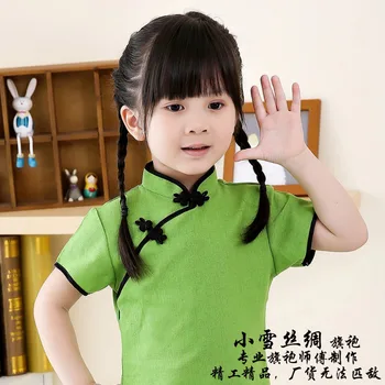 Kietojo Kūdikių Mergaitės Kinų naujieji Metai-Tradicinės Qipao Vaikų Chi-pao Vaikai Cheongsam Lino Mergaitės Drabužius Vasaros Viršūnes