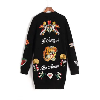 Kilimo ir tūpimo tako Moterų Siuvinėjimo Tigras Striukė Moterims, Juodi Ilgi susagstomi megztiniai Megztinis 2020 m. žiemos Vintage Megztinis Kailis Kalėdų