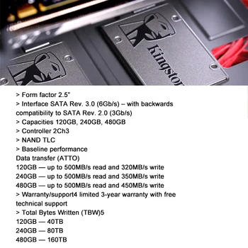 Kingston A400 SSD 120GB 240GB 480GB Vidaus Solid State Drive 2.5 colių SATA III HDD Kietojo Disko HD Nešiojamojo KOMPIUTERIO 120G 240G 480G .