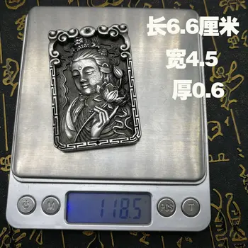 Kinija Kolekcines Senas miao sidabro drožyba Guanyin bodhisatvos Kwan-yin Buda metalo amatų karoliai pakabukas