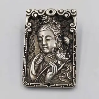 Kinija Kolekcines Senas miao sidabro drožyba Guanyin bodhisatvos Kwan-yin Buda metalo amatų karoliai pakabukas