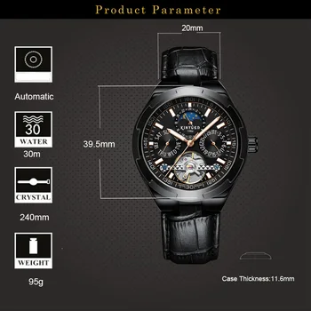 KINYUED Klasikinis Vyrai Laikrodžiai Automatinis Mechaninis laikrodis Tourbillon Laikrodis natūralios Odos Neperšlampami Karinės Retro Laikrodis