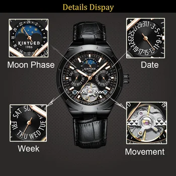KINYUED Klasikinis Vyrai Laikrodžiai Automatinis Mechaninis laikrodis Tourbillon Laikrodis natūralios Odos Neperšlampami Karinės Retro Laikrodis
