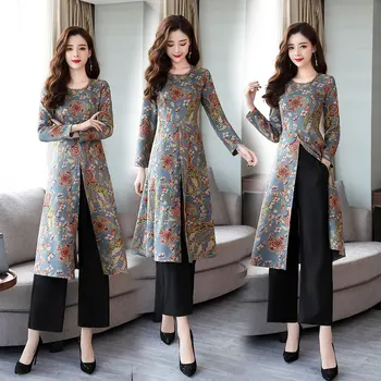 Kinų stiliaus atspausdinta dviejų dalių suknelė moterims 2018 naujų rudens temperamentas retro nacionalinės stiliaus kelnės, kombinezonas