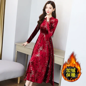 Kinų Stiliaus Cheongsam Elegantiškas Moteris, Vestidos 2020 M. Derliaus Aksomo Šiltas Tirštėti Suknelė Rudens Žiemos Bodycon Šalies Maxi Suknelės