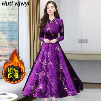 Kinų Stiliaus Cheongsam Elegantiškas Moteris, Vestidos 2020 M. Derliaus Aksomo Šiltas Tirštėti Suknelė Rudens Žiemos Bodycon Šalies Maxi Suknelės