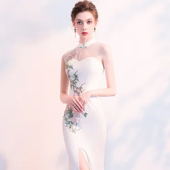 Kinų Stiliaus Moterų Siuvinėjimo Gėlių Mermaid Dress Slim Seksualus Aukštos Padalinta Vakare Šalies Cheongsam Balta Bridesmaid, Vestuvių Qipao