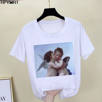 Klaidingą Mona Lisa Print T Marškinėliai Moterims estetika juokinga Tshirts Atsitiktinis Trumpas Rankoves Įdomus Topai marškinėliai Moteriška Apranga Harajuku Tee