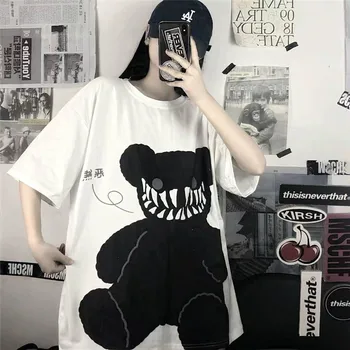 Korėjos Hip-Hop Marškinėlius Streetwear Viršūnes Moterų Juokinga Punk Trumpas Rankovės Pora Marškinėliai Vasarą Ponios Lokys Spausdinti marškinėliai Topai Mergina