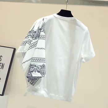 Korėjos Japonija Balti Marškinėliai Nesimetriškas Pynimas Kratinys Gėlių Spausdinti Mados Trumpas Rankovės Viršuje Tee Moterims Merginos Atsitiktinis Marškinėlius