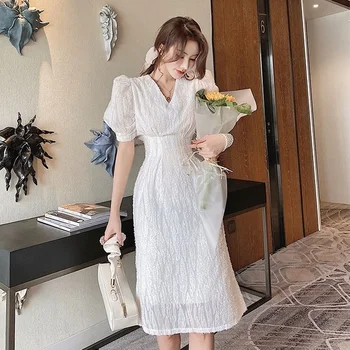 Korėjos moterys kieta balta suknelė moterims prašmatnus v-kaklo aukštos juosmens pusė rankovės elegantiškas 2020 metų vasaros, pavasario dress office Vestido Moteris