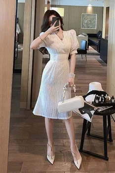 Korėjos moterys kieta balta suknelė moterims prašmatnus v-kaklo aukštos juosmens pusė rankovės elegantiškas 2020 metų vasaros, pavasario dress office Vestido Moteris