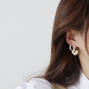 Korėjos Naujo Dizaino bižuterijos Pearl Persikas Širdies Išskirtinį Stud Auskarai Moters, Dviejų nešioti Išimamą Elegantiški Auskarai