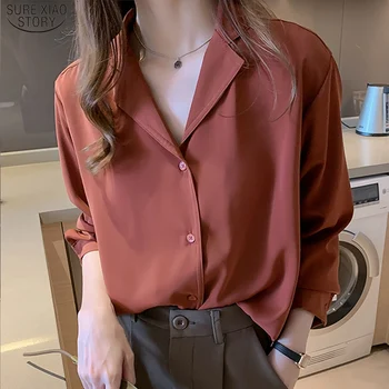 Korėjos Office Lady V-kaklo Marškinėliai Mygtuką Laisvus Drabužius, 2021 Naujas Moterų Šifono Palaidinė Kieta Moteris Raudona Marškinėliai Blusas 9380 50