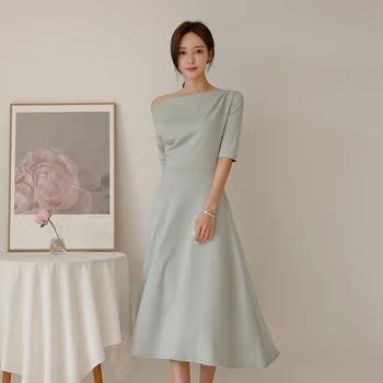 Korėjos OLIS Elegantiškas Šalis Ilga Suknelė 2020 Metų Vasaros Seksualus Velniop Kaklo Pusė Rankovės Paprasta-line Moterų Darbo Suknelės vestidos