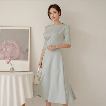 Korėjos OLIS Elegantiškas Šalis Ilga Suknelė 2020 Metų Vasaros Seksualus Velniop Kaklo Pusė Rankovės Paprasta-line Moterų Darbo Suknelės vestidos