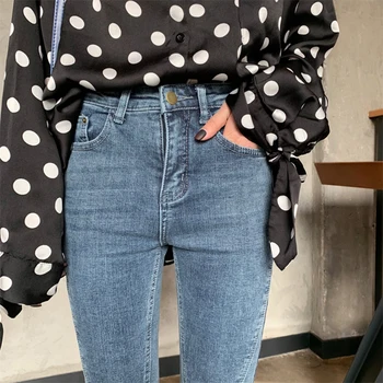 Korėjos pavasarį naują retro micro-trum liesas džinsus mados tendencija, atsitiktinis gatvės aukšto juosmens slim nereguliarus devynių taškų kelnės moterims