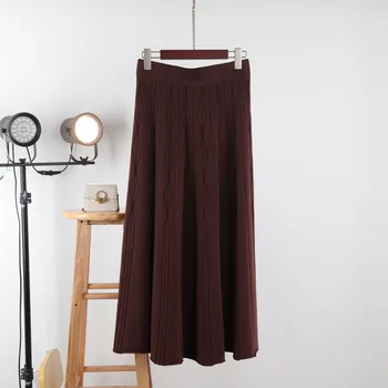 Korėjos Rudens mados paaukštintu liemeniu žakardo elegantiškas plisuotos ilgi Megztiniai sijonas žiemą-Line Medvilnės ilgai Derliaus sijonai moterims
