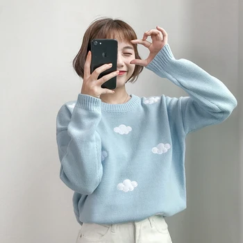 Korėjos stiliaus megztiniai moterims rudenį mielas megztinis megztas megztinis, vintage kawaii debesis megztinis mėlynas rožinis megztinis moteriška Rudenį 2019