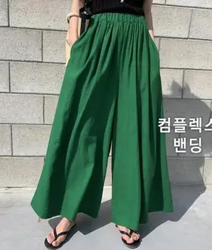 Korėjos Vasaros Moterų Mados vientisos Spalvos Lino Plataus kojų Kelnės Laisvalaikio Kelnės Kelnės Moterims