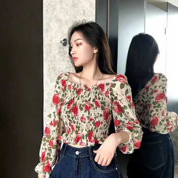 Korėjos Velniop Kaklo Išjungti Peties Moterų Marškinėliai Derliaus Gėlių Raukiniai Vasaros Palaidinės Moterims Blyksnius Ilgomis Rankovėmis Blusas Mujer