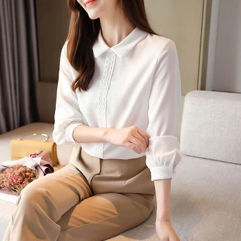 Korėjos Šifono Marškinėliai Moterims Ilgomis Rankovėmis Marškinėliai Moteris Kietas Palaidinės, Topai Office Lady Balti Marškinėliai Topai Plius Dydis Moteris Palaidinė Viršų