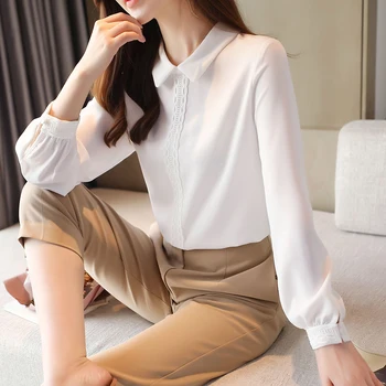 Korėjos Šifono Marškinėliai Moterims Ilgomis Rankovėmis Marškinėliai Moteris Kietas Palaidinės, Topai Office Lady Balti Marškinėliai Topai Plius Dydis Moteris Palaidinė Viršų
