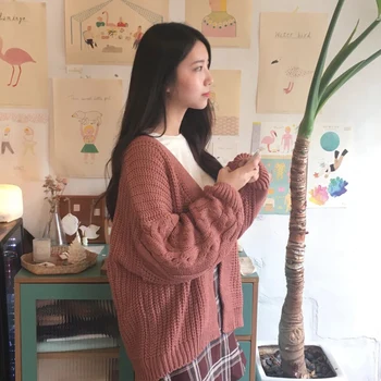 Korėjos Žiemos Moterų Nauja 2019 Twist Prarasti ilgomis Rankovėmis Megztiniai Megztinis Megztinis Kailis Storas Žiemos Moterys Harajuku susagstomi megztiniai Megztinis