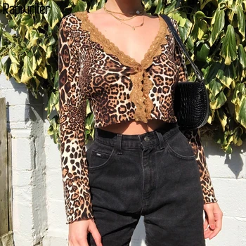 Kratinys Nėrinių Mados Leopardas Spausdinti Sexy Marškinėliai Moterims Giliai V-Kaklo Mygtuką Apkarpyti Viršūnes Tee Marškinėliai Streetwear Cardigan Rapwriter