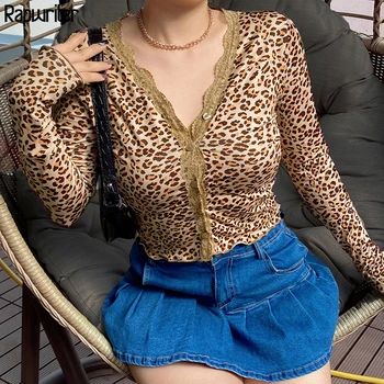 Kratinys Nėrinių Mados Leopardas Spausdinti Sexy Marškinėliai Moterims Giliai V-Kaklo Mygtuką Apkarpyti Viršūnes Tee Marškinėliai Streetwear Cardigan Rapwriter
