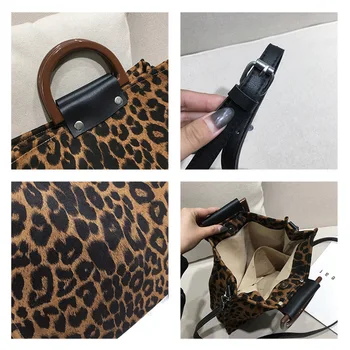 Krepšys Moterų Prabanga Rankinės Peties 2019 Mados Drobės Leopardas Spausdinti Mediniai Nešiojami Piniginės Didelių Pajėgumų Pirkinių Moterų Krepšiai
